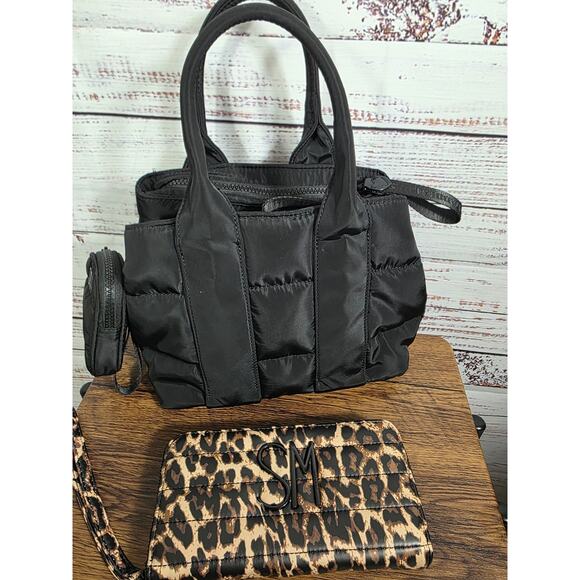 Steve Madden Crossbody Blk Puffer Purse and Puffer Leopard Print Wallet - Picture 6 of 14